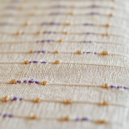 A close-up of the woven fabric texture, featuring a pattern composed of light gold and purple lines with a white background. The design is minimalist yet intricate, showcasing detailed stitching work in beige thread. It features a handcrafted feel that highlights the unique patterns on each tiny line, achieved through focus stacking. --v 6.1 Job ID: 0991e1f4-dfae-4586-bfad-bb3e93329333の素材