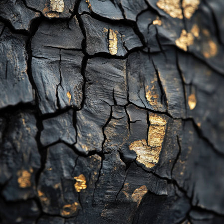 A close-up of charred wood with black and gold patterns, char on the surface, an abstract sculpture made from old tree bark in the style of Daniel Arsham, close-up of burnt textures, weathered rock face, hyper-realistic photography, detailed texture, National Geographic photo, close-up, natural lighting, muted colors. --v 6.1 Job ID: 76ef1dcb-1d8b-4638-914d-153c53c65578の素材