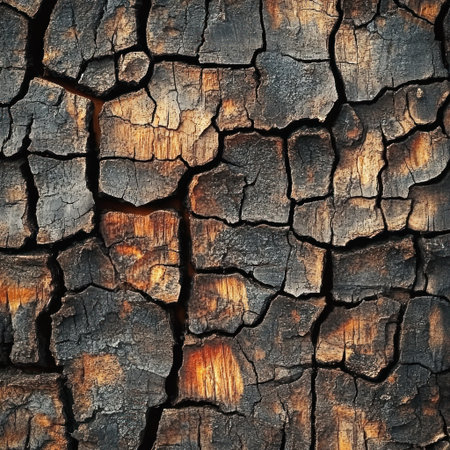 A close-up of charred wood with visible cracks, showcasing the intricate patterns and textures that evoke an atmosphere reminiscent of post-apocalyptic landscapes. The colors include shades of brown, black, gray, red, orange, and yellow, creating a richly textured background that adds depth to your design projects. This pattern is ideal for adding realistic details in digital art or as a decorative element on various media surfaces. --v 6.1 Job ID: 8caebc06-cde0-4a02-b355-90fe0cc8e9caの素材