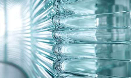 A close-up of the curved glass surface of an energy-efficient fortress, showcasing its sleek design and reflective features against a light blue background. The focus is on intricate details like vertical lines that add depth to the structure's appearance. --ar 5:3 --v 6.1 Job ID: e5d2d801-2d81-4a38-809a-3fb649ea4c07の素材