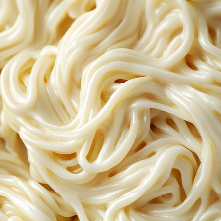 A close-up of swirling cream noodles, showcasing the delicate texture and creamy color. The background is neutral with soft lighting to highlight the intricate details in each tiny knot. The focus is on the noodles. --v 6.1 Job ID: 0f937ffc-450d-455b-9631-7c3bf3cb6a6aの素材