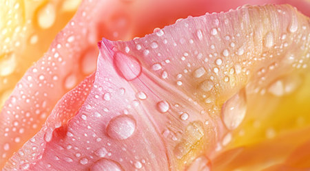 Close-up of pink and yellow tulips with water droplets on the petals, captured using a Canon EOS R5 mirrorless camera. This image is perfect for conveying the delicate beauty of nature in high resolution. --ar 128:71 --v 6.1 Job ID: bd0a5345-efa9-4679-bbbd-55d4880277abの素材
