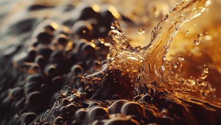 A dynamic close-up of cola liquid splashing, creating intricate patterns and textures on the surface. The image captures the fluid motion with shallow depth of field, highlighting detailed bubbles in mid-air. A warm golden glow bathes the scene from above, adding to its visual appeal. This close-up shot is perfect for showcasing vibrant colors and detailed reflections in commercial photography, emphasizing the movement and vitality of a vibrant orange, gold, and black color gradient. --ar 53:30 --v 6.1 Job ID: c7928b61-2da0-4b79-a5e9-89f8af4803c6の素材