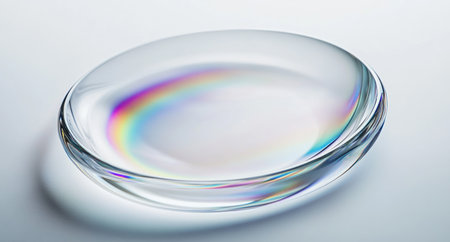 Minimalist glass-like image of a circular object with rainbow reflections, on a white background, in close-up. --ar 28:15 --v 6.1 Job ID: 29c059f1-a656-4e11-960b-2b41e3c38298の素材