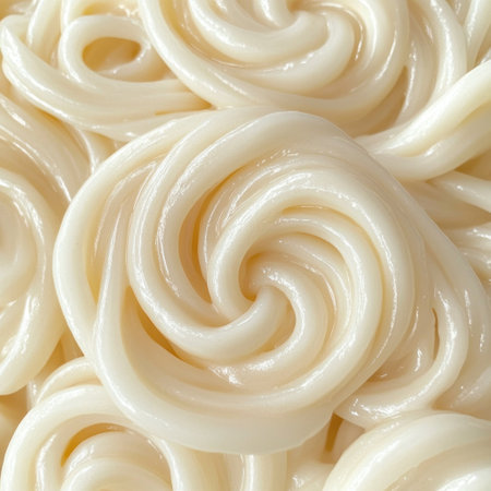 A close-up of swirling cream noodles, showcasing the delicate texture and creamy color. The background is neutral with soft lighting to highlight the intricate details in each tiny knot. The focus is on the noodles. --v 6.1 Job ID: 0f937ffc-450d-455b-9631-7c3bf3cb6a6aの素材