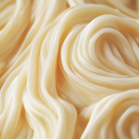 A close-up of swirling cream noodles, showcasing the delicate texture and creamy color. The background is neutral with soft lighting to highlight the intricate details in each tiny knot. The focus is on the noodles. --v 6.1 Job ID: 0f937ffc-450d-455b-9631-7c3bf3cb6a6aの素材