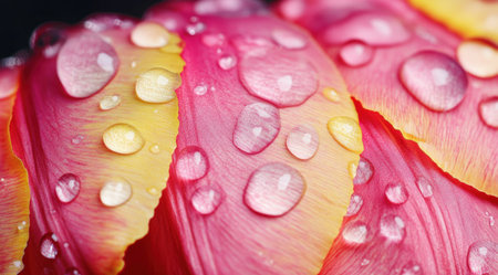 Close-up of pink and yellow tulips with water droplets on the petals, macro photography, in the style of Canon EOS R5. --ar 128:71 --v 6.1 Job ID: d35571cc-127b-4cc3-869e-a0410f33a1beの素材