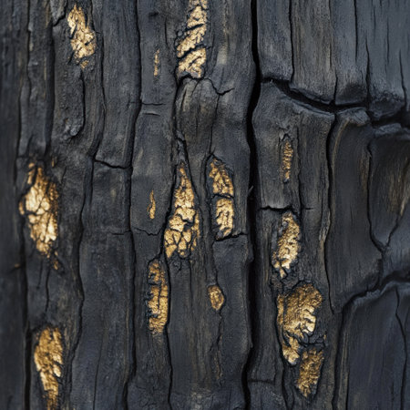 Close-up of burnt wood, dark gray and gold color palette, high resolution, hyperrealistic --v 6.1 Job ID: e4b3ccc0-1e9d-447d-9ed0-35c3327caf32の素材