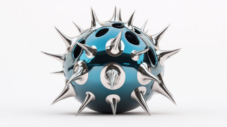 3D render of a sphere made from metal, in blue and silver colors with spikes on a white background. --chaos 30 --ar 16:9 --v 6.1 Job ID: b39ba2e6-4c19-48e1-9033-3314f1f94e2fの素材
