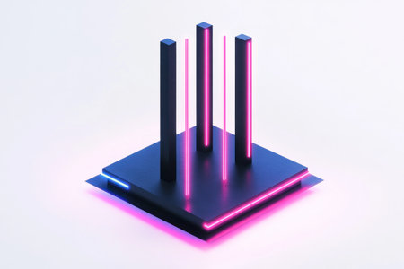 A minimalistic, isometric black and blue flat illustration of a rectangular piece with three metal rods protruding from the top on a white background, featuring pink neon shapes, playful use of negative space, light gray and dark azure, shaped canvas. --ar 3:2 --v 6.1 Job ID: b5f9f4c0-5077-4b27-afd5-f84ff72456f9の素材