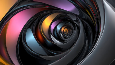 3D render of a colorful spiral on a black background, an abstract futuristic design with a gradient color scheme, a metallic glass texture, geometric shapes, simple lines and curves, in a futuristic style, with a dark color palette, high resolution, sharp focus, and studio lighting. --ar 53:30 --v 6.1 Job ID: 11c96523-e35d-4233-83bd-61d4c33ba80aの素材