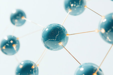 A network of interconnected blue spheres, each representing different components or energy forms in an AI system, connected by thin golden lines on a white background. The overall composition is balanced and aesthetically pleasing, with soft lighting to highlight the glossy texture of the balls. This visual representation symbolizes machine learning models being merged into one large neural network. --ar 3:2 --v 6.1 Job ID: 8f55fe3b-09fe-49e9-a832-5317f691276eの素材