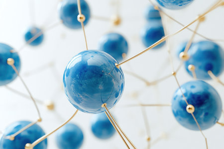 A network of interconnected blue spheres, each connected by thin golden lines against a white background. The scene is rendered in 3D with a realistic style, and the balls have smooth textures. There's an overall impression that these elements form some kind of mechanical or technological structure, but without any text or letters on it. It seems to be a simple yet visually appealing composition. --ar 3:2 --v 6.1 Job ID: de0aa1a8-c8b7-443c-a03a-c539366a5f6fの素材