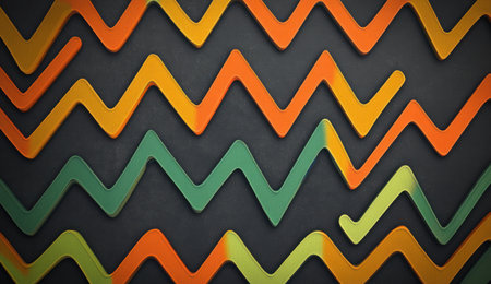 Dark gray background with orange, green, and yellow zigzag lines. --ar 26:15 --v 6.1 Job ID: 7b23882e-3f0c-4ed7-8779-4b2c07157185の素材