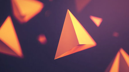 Abstract minimalistic 3D render of triangles flying in the air, dark purple background, pink glow, and yellow highlights. --chaos 30 --ar 16:9 --v 6.1 Job ID: 85dfbe12-76bc-4b7c-bdc0-7ec7497fb498の素材