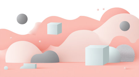 Isometric, minimalist abstract illustration of floating cubes on a pink background, with a light blue and gray color palette, flat design, geometric shapes, and a modern aesthetic. Highly detailed, high-resolution artwork. --chaos 30 --ar 16:9 --v 6.1 Job ID: bc769266-bd6c-451d-b970-cf230f2ccda4の素材