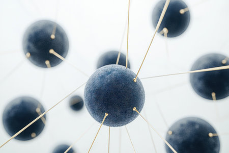 A network of interconnected blue spheres, each connected by thin golden wires against an isolated white background. The scene is rendered in a three-dimensional style with soft lighting and a focus on the interplay between light gray and dark navy hues to create depth and dimensionality. --ar 3:2 --v 6.1 Job ID: 8b238a11-9f3f-4537-9798-c22194a18e83の素材
