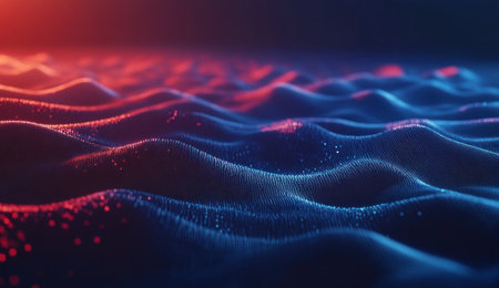 Blue gradient background, dark blue and red color scheme, lines of light connecting the dots in an abstract network structure, connecting to multiple points with different colors. High-resolution, 3D rendering. --ar 26:15 --v 6.1 Job ID: e90b2b32-c3fe-415c-9466-cfb0c995dccaの素材