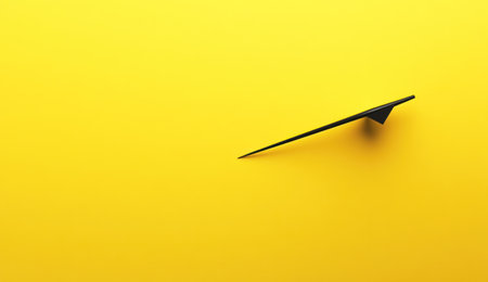 A minimalistic yellow background with an abstract black arrow, representing the direction of time and space in Cinema 4D rendering. The background is a flat surface with a gradient from light to dark yellow, creating a sense of depth. A single thin line or shape symbolizes the flow of objects through space-time on one side of the screen. This design adds simplicity and elegance while emphasizing a dynamic visual effect. --ar 26:15 --v 6.1 Job ID: e984e6e8-bac8-485b-93e3-9020411cc85bの素材