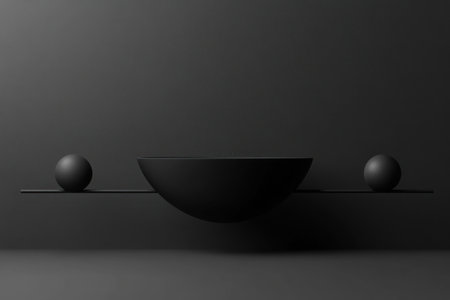 Black geometric shapes, black and gray background, simple composition, 3D rendering, C4D, minimalist style, sense of technology, studio lighting, studio shooting scene, 50mm focal length. A round bowl on the left is connected to three long legs in different directions, with one ball at each end of them. The overall composition is symmetrical with balanced proportions. The color tone should be dark gray, with subtle gradient shadows and highlights. High resolution, high quality, high detail. --ar 3:2 --v 6.1 Job ID: c3bb58eb-2523-46fc-aab4-b1c3e1ce0f02の素材