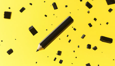 A yellow background with a black pencil, minimalist style, simple shapes, geometric design elements, flat illustration, 3D rendering, high resolution, high quality, high detail, high precision, Octane render, hyperrealistic, highly detailed, quirky, super detailed, super realistic, super high definition, super sharp --ar 26:15 --v 6.1 Job ID: fa718929-21b5-4e99-83d6-2473867e7486の素材