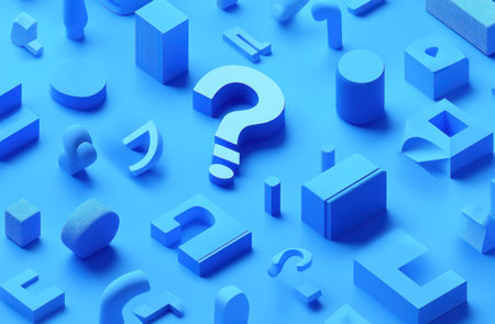Blue background with various shapes and question marks, 3D illustration of abstract geometric forms, simple minimalistic design, blue color palette, isometric view, top-down angle, high resolution, no blur, low details. --ar 23:15 --v 6.1 Job ID: b66475bd-23af-4e89-b5a5-46b89116648fの素材