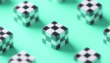 Cute isometric black and white checkmark icons floating on a green background, with simple shapes and a minimalistic design in a cute style, 3D rendered. --ar 26:15 --v 6.1 Job ID: ffde7989-02b1-4982-9799-8d8d93537148の素材