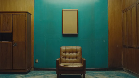 Wooden cabinet, armchair, and hanging poster frame on a blue wall in a modern home interior with copy space for text or design. --chaos 30 --ar 16:9 --v 6.1 Job ID: f1ed0673-51bc-4f2a-9588-496c8efc6974の素材