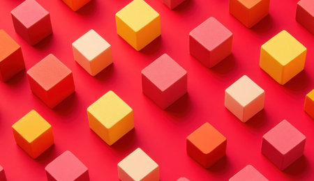 3D isometric cubes on a red background, colorful, simple shapes, minimalistic, yellow and orange, red, pink --ar 26:15 --v 6.1 Job ID: 4ca801a1-9acb-49d4-96bc-70b1d3917c42の素材