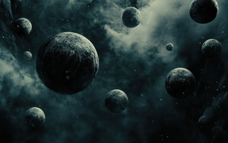 Dark gray spheres floating in the air, dark background, high resolution, cinematic style. --ar 8:5 --v 6.1 Job ID: e0a2431a-611c-43a7-a0d7-c8e6c968abe5の素材