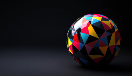 3D render of a black sphere with a colorful low-poly geometric pattern on it, against a dark background. Created in Cinema 4D, with high resolution, high detail, and hyper-realistic rendering using Octane or Blender. --ar 26:15 --v 6.1 Job ID: 97869a73-4581-4883-b256-777959e0a0a2の素材