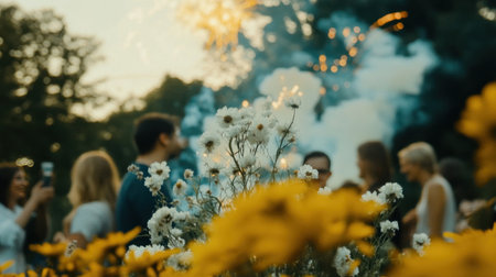 White fireworks in the yellow sky, blurred background of golden plants and flowers, white smoke filled. The foreground is blurry fireworks, creating an atmosphere full of joy for New Year's Eve in the style of Claude Monet. --chaos 30 --ar 16:9 --v 6.1 Job ID: 6195c92c-be0c-4df1-8b8d-4fcd1b5be7b5の素材