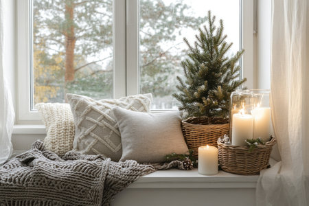 White frame background, small cozy window seat with pillows and a blanket, pine tree in a woven basket, candles, Christmas decor, farmhouse-style home interior design of a modern living room, photorealistic shot taken on a Canon EOS M50 Mark II camera. --ar 3:2 --v 6.1 Job ID: 8f81a7b4-bed3-4b72-91fa-a83542180868の素材