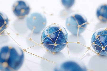 A network of interconnected blue spheres, each representing different components or energy forms in an AI system, connected by thin golden lines on a white background. The overall composition is balanced and aesthetically pleasing, with soft lighting to highlight the glossy texture of the balls. This visual representation symbolizes machine learning models being merged into one large neural network. --ar 3:2 --v 6.1 Job ID: 8f55fe3b-09fe-49e9-a832-5317f691276eの素材