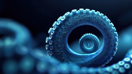 A dark blue, glowing digital sphere made of fractal structures on a black background, with cyan highlights, in the shape of an octopus tentacle. The structure is rendered as if it's composed of tiny particles and has a smooth surface, with subtle light reflections that give depth to its appearance. It should appear almost alien or otherworldly, giving off a sense of motion or complexity. --chaos 30 --ar 16:9 --v 6.1 Job ID: dce9a8f2-7d0b-483f-8287-561d0bc25d60の素材