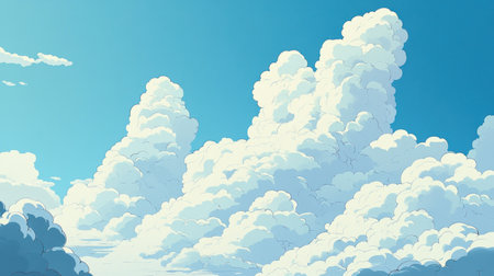 White clouds in the blue sky, in the style of a cartoon, vector illustration, background for a children's book cover template, using white and light blue colors, high resolution, high level of detail, high quality, high sharpness, high contrast, high clarity, professional photography. --chaos 30 --ar 16:9 --v 6.1 Job ID: 589458ee-8d71-4672-b963-07cfdf37c8d5の素材