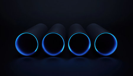 3D render of black tube shapes with a blue glow on a dark background, a minimalistic design. Four tubes, two in the front and two behind them, on a black background. Minimal, 50 mm lens. --ar 26:15 --v 6.1 Job ID: 2e0d1543-7825-42f3-a743-5de321f8a40cの素材