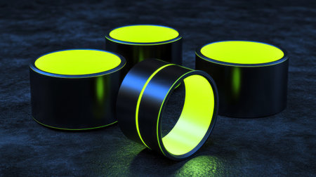 A dark background with three black cylindrical elements, each glowing in neon green on the top and bottom of their bodies. The leftmost cylinder is on its side, while the other two have their edges facing upwards against the same side. They form an abstract shape that resembles four interconnected pieces or parts. There are no text or additional details to emphasize a minimalist design. This setup creates a visually striking composition that emphasizes the light effects within the darkness of the scene. --chaos 30 --ar 16:9 --v 6.1 Job ID: b7100e81-6996-490a-8abe-dc748462f934の素材