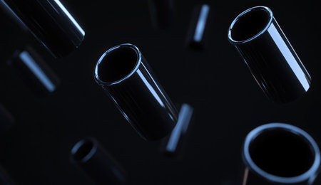 3D render of black, tube-shaped pieces floating in the air against a dark background, with a blue glow, in a minimalistic style with simple shapes. Created using the Cinema4D renderer, featuring clean details and a matte surface material, at high resolution. --ar 26:15 --v 6.1 Job ID: 468c48f9-2af2-484a-87e2-40aa9c1b4705の素材