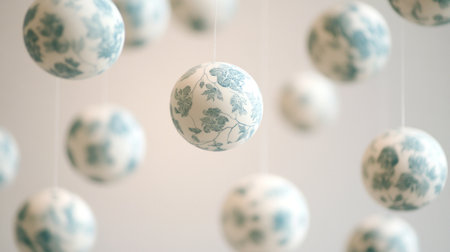 A pattern of white spheres with light blue patterns on them, floating in the air against a pale gray background. The spheres have an organic shape and appear to be made from soft materials like plastic or fabric. They look like they could move around when affected by any movement. There is no perspective distortion, but each sphere has a unique design that adds depth and texture to the composition. This scene evokes feelings of calmness and tranquility. --chaos 30 --ar 16:9 --v 6.1 Job ID: 40e6c8c8-9944-456e-949a-f759797f8433の素材