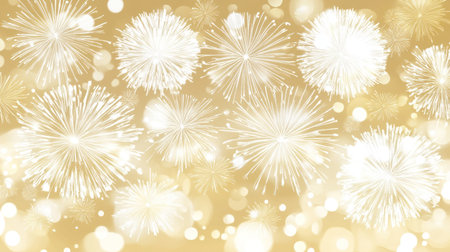 White fireworks on a golden background, with a bokeh effect and a vintage style. This digital art piece is in the style of Amanda Sage and Steve Hanks, featuring blur effects and a bohemian texture, capturing the atmosphere of New Year's Eve. The fireworks elements are detailed. --chaos 30 --ar 16:9 --v 6.1 Job ID: f0a0302a-ba7b-4e95-8ba4-37b56cac789bの素材