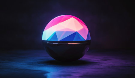 3D render of a black low-poly sphere with a colorful, glowing pink and blue geometric pattern on it, against a dark background. Created in Cinema 4D, with a hyper-detailed rendering using Octane Render, resulting in a high-resolution image. --ar 26:15 --v 6.1 Job ID: 43e5c855-a9c8-43da-ad07-00d66721dbbbの素材