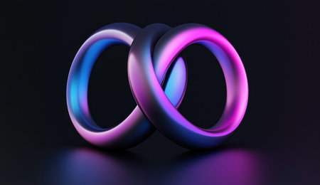 3D render of a simple, sleek icon with two intertwined rings. The icon is illuminated by a purple and blue gradient lighting on a black background. --ar 26:15 --v 6.1 Job ID: 08e073c1-39c1-4fa7-841f-32518930b7c0の素材
