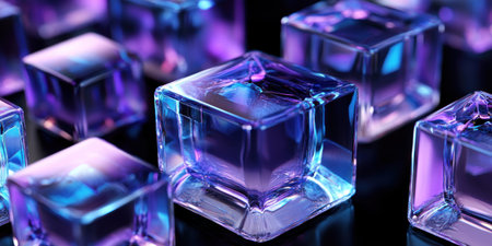 3D render, abstract geometric background with blue and purple glass cubes on a black background. Scene for advertising a product. Close-up view. Black background, close-up shooting, 4K, ultra-realism, high detail, in the style of Agfa Vista Plus film, natural lighting. --ar 2:1 --v 6.1 Job ID: aa79adb1-715c-43e9-af93-4c667d76a8acの素材
