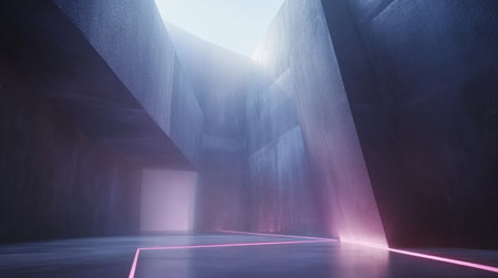 Abstract background with simple geometric shapes in dark blue and purple, featuring sharp edges for a modern design aesthetic. The composition includes two large flat squares overlapping at the bottom right corner of the screen, creating an empty space that could be used as a backdrop or foreground element. A small, narrow strip of vibrant pink light is positioned on one side to add contrast and depth. This style would create an elegant yet minimalistic scene suitable for various applications. --chaos 30 --ar 16:9 --v 6.1 Job ID: 5295ea65-799a-4a24-bafc-7f9da0dab401の素材