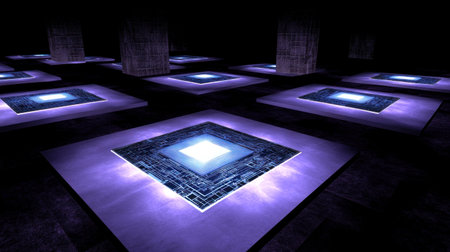 3D render of an abstract background with dark blue and purple squares, a computer chip pattern, and a grid. --chaos 30 --ar 16:9 --v 6.1 Job ID: 8edc1060-2208-42b7-96b5-f774d0041a25の素材