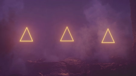 Abstract minimalistic 3D render of triangles flying in the air, dark purple background, pink glow, and yellow highlights. --chaos 30 --ar 16:9 --v 6.1 Job ID: 85dfbe12-76bc-4b7c-bdc0-7ec7497fb498の素材
