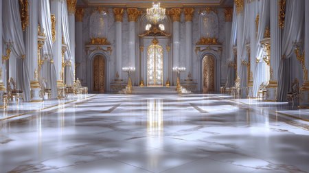 White and gold throne room with white marble floors, white drapes, intricate golden decorations, royal grandeur, opulent setting, hyper-realistic, photorealistic, cinematic lighting. --chaos 30 --ar 16:9 --v 6.1 Job ID: 79155dee-517d-41c2-88a5-2389b394d39cの素材