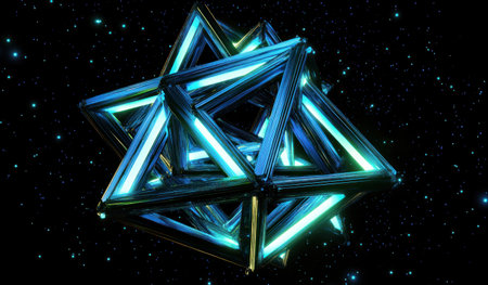 3D render, abstract dark background with glowing blue and green polygonal shapes on black, close-up of the structure of metal or plastic triangles in space. --ar 17:10 --v 6.1 Job ID: a5cb865e-153e-4496-93bd-375600abc94fの素材