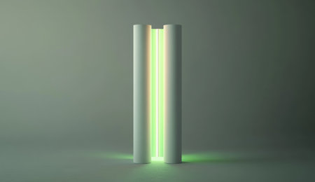 3D render of an abstract, minimalistic geometric shape made from three white cylindrical sticks with a green, glowing light inside, on a grey background. --ar 26:15 --v 6.1 Job ID: 459332fa-8873-4f1a-962f-820a9a323050の素材